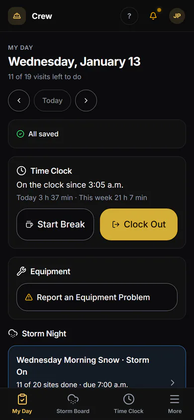 On the crew's phone: the storm board, a push logged with no signal and saved on the phone, then synced when the signal comes back. Step 1.