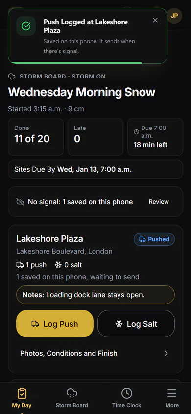 On the crew's phone: the storm board, a push logged with no signal and saved on the phone, then synced when the signal comes back. Step 3.