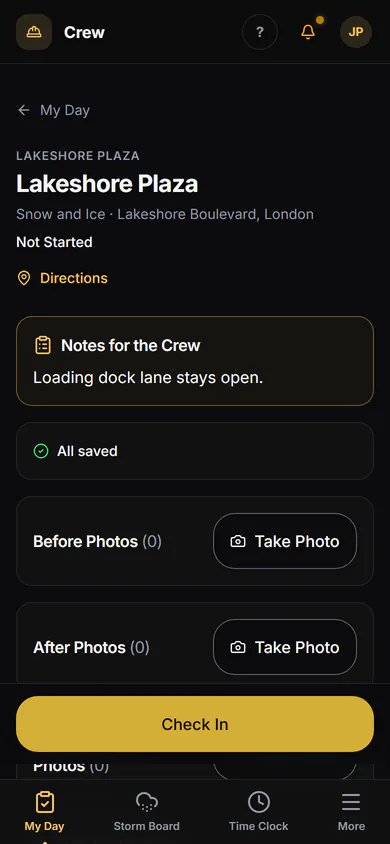 A visit on the crew's phone: check in, a before photo, a note, an after photo, finish and a sign-off on site. Step 1.