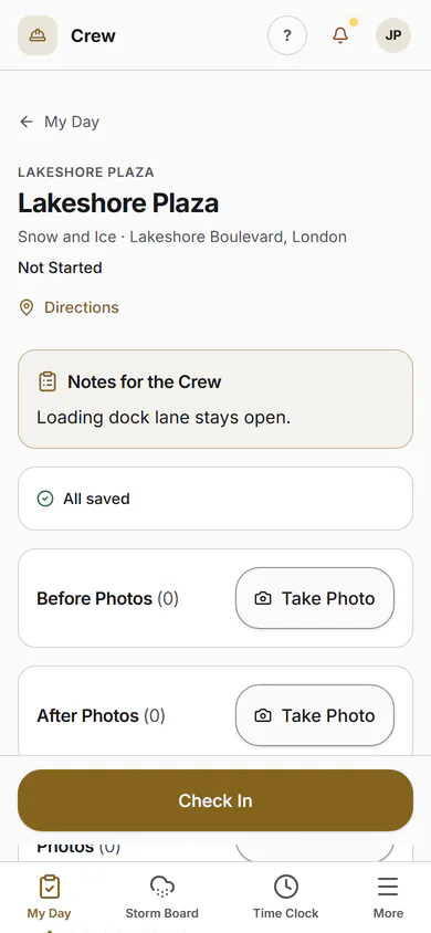 A visit on the crew's phone: check in, a before photo, a note, an after photo, finish and a sign-off on site. Step 1.