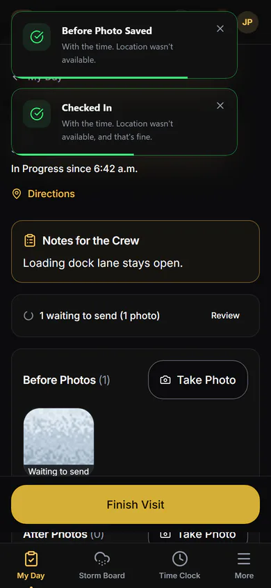 A visit on the crew's phone: check in, a before photo, a note, an after photo, finish and a sign-off on site. Step 2.