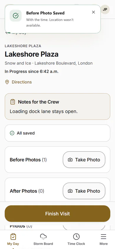 A visit on the crew's phone: check in, a before photo, a note, an after photo, finish and a sign-off on site. Step 2.
