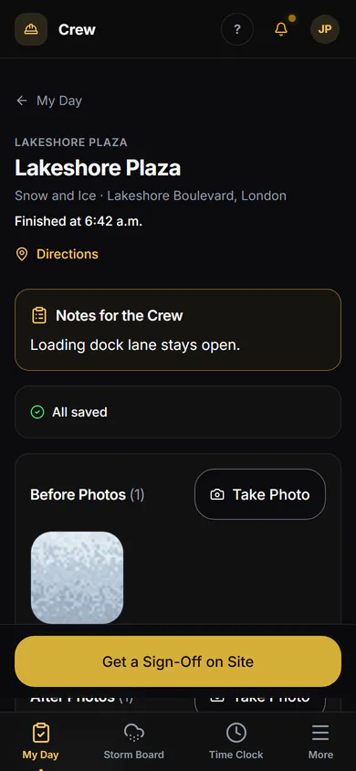 A visit on the crew's phone: check in, a before photo, a note, an after photo, finish and a sign-off on site. Step 4.
