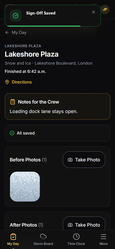 A visit on the crew's phone: check in, a before photo, a note, an after photo, finish and a sign-off on site. Step 5.
