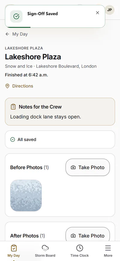 A visit on the crew's phone: check in, a before photo, a note, an after photo, finish and a sign-off on site. Step 5.