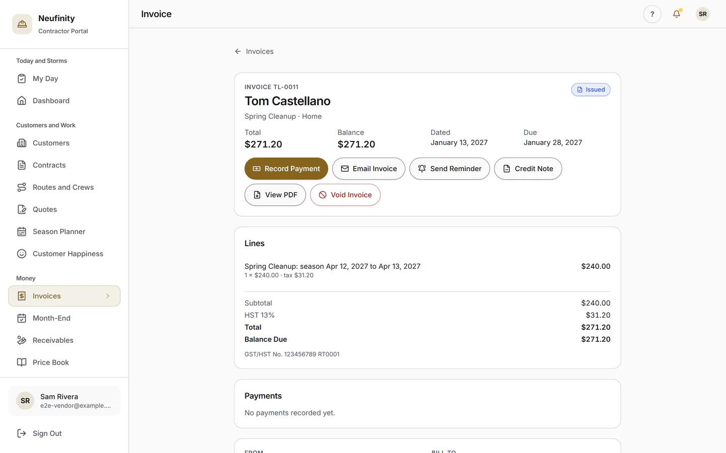 In the office: a quote the customer accepted online, its visits scheduled, the invoice issued and its PDF. Step 3.