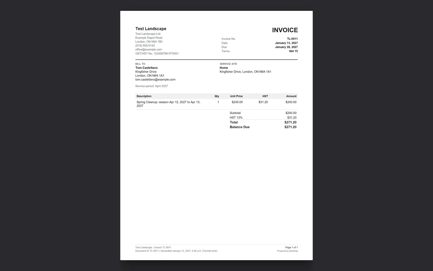 In the office: a quote the customer accepted online, its visits scheduled, the invoice issued and its PDF. Step 4.