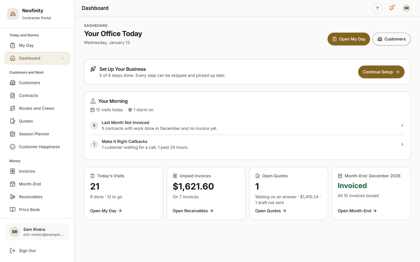 The contractor's dashboard on a storm morning: today's visits, the open storm's progress and money due.