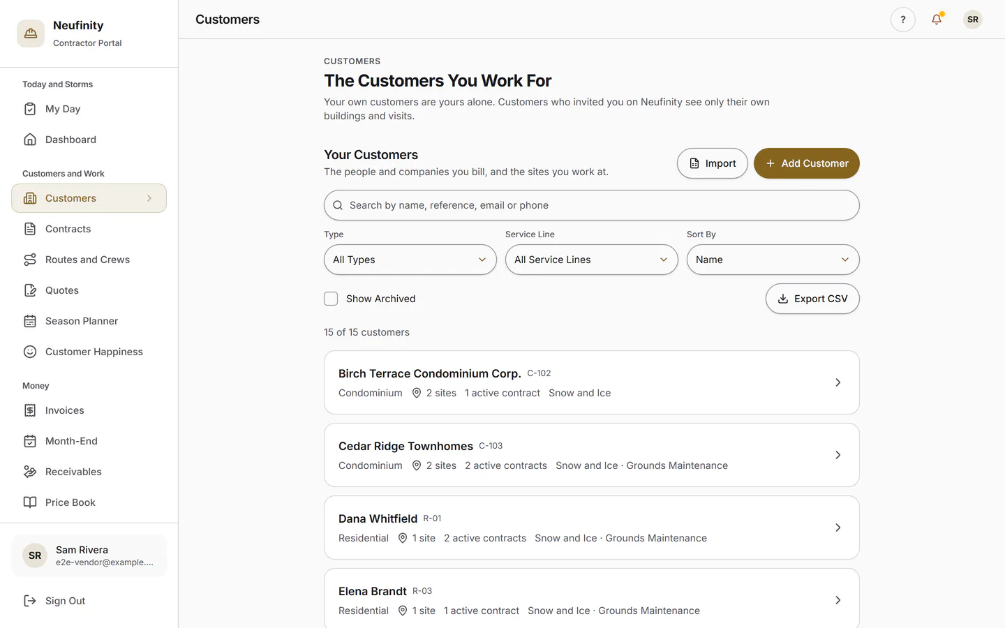 The customer list: condos, a residence, a school, a clinic and homeowners, each with their sites.
