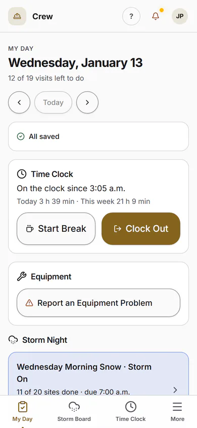 A crew member's My Day on a phone: the open storm and today's stops in route order.