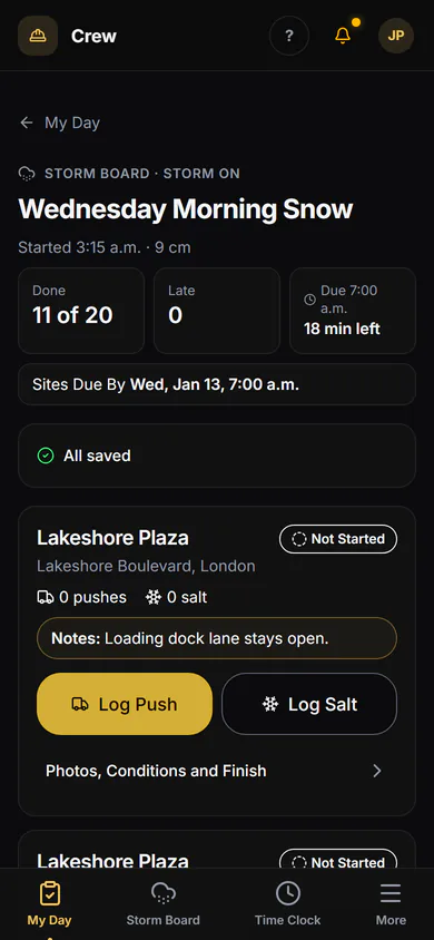 The storm board on a phone: sites done, pushed and still to do, with Log Push and Log Salt on each card.