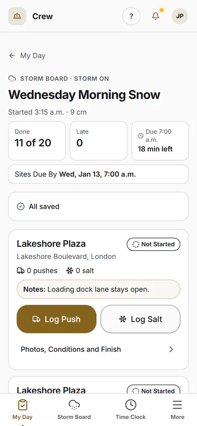 The storm board on a phone: sites done, pushed and still to do, with Log Push and Log Salt on each card.