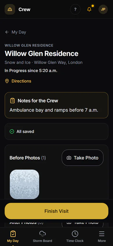 A visit under way on a phone: checked in, a before photo and a note, with Finish Visit at the bottom.