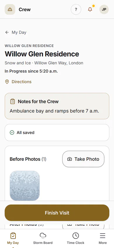 A visit under way on a phone: checked in, a before photo and a note, with Finish Visit at the bottom.