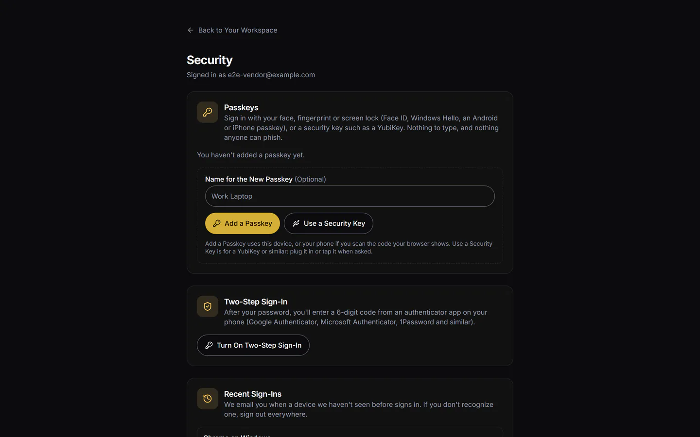 Account security: passkeys, two-step sign-in and the devices signed in.