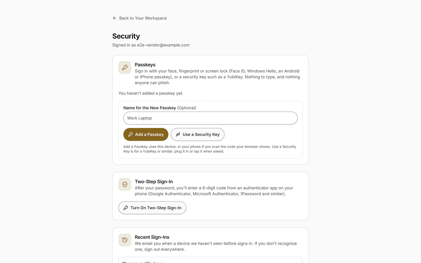 Account security: passkeys, two-step sign-in and the devices signed in.