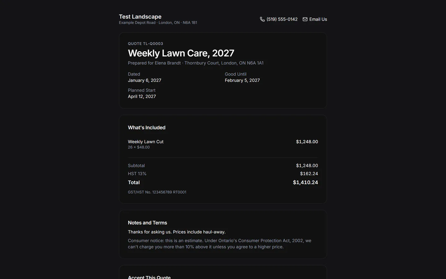 A quote as the customer sees it: the contractor's name, the lines, the total with HST, and Accept Quote.