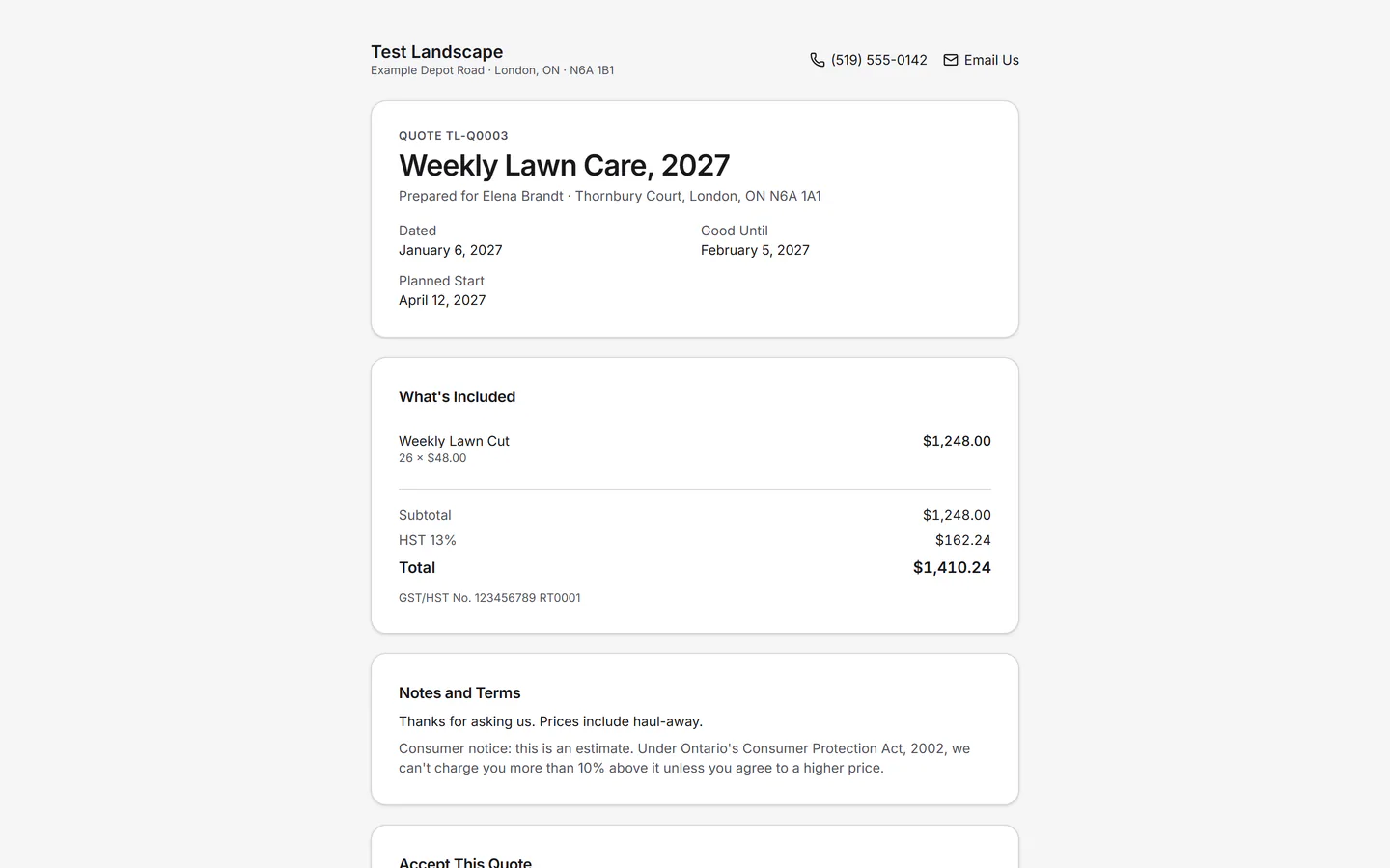 A quote as the customer sees it: the contractor's name, the lines, the total with HST, and Accept Quote.