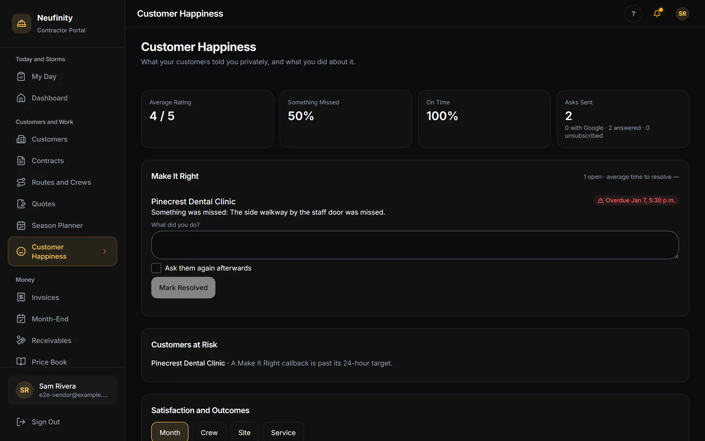 Customer Happiness: feedback replies and a Make It Right task for a missed walkway.