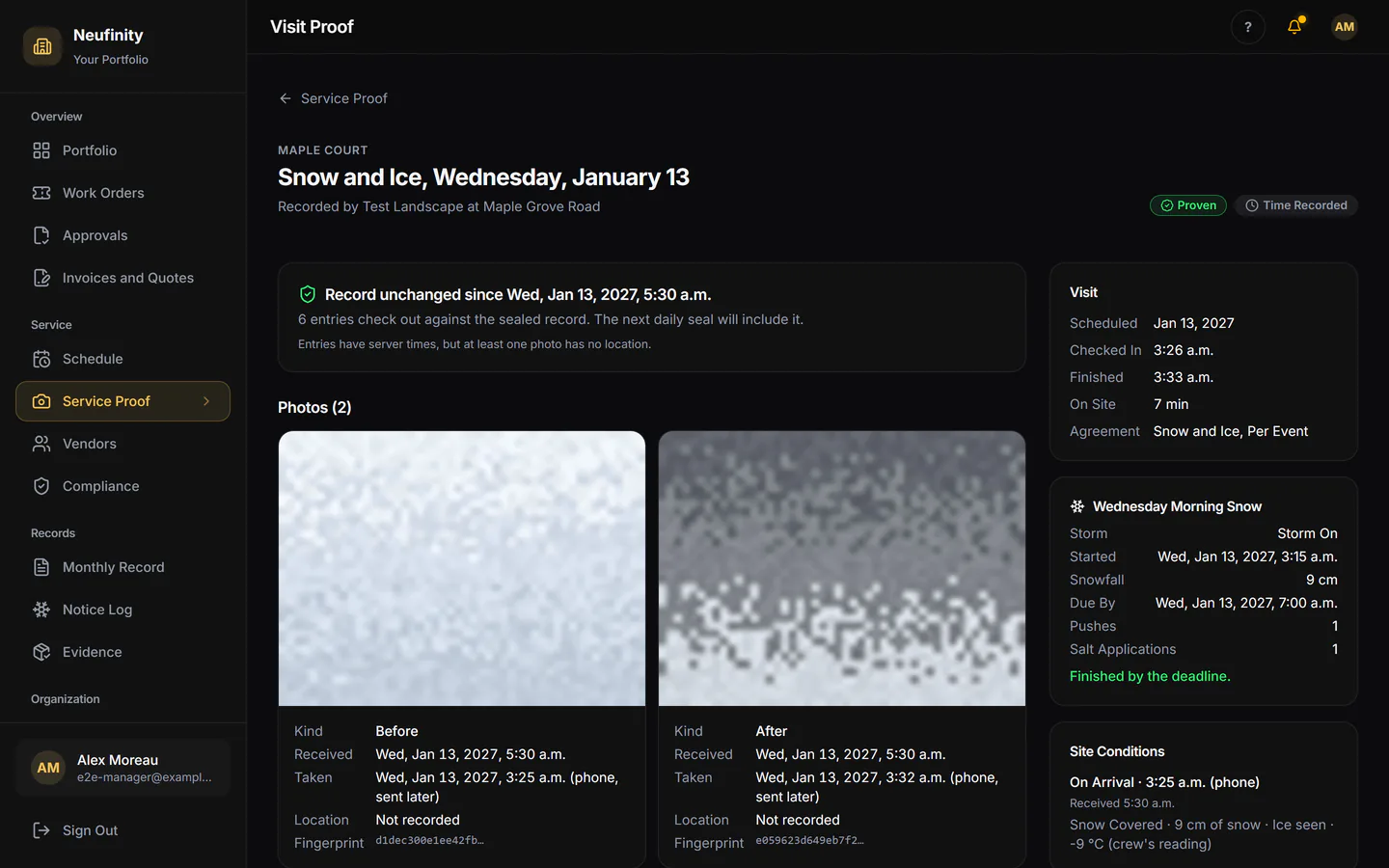 A visit as the property manager sees it: arrival conditions, the push, salt, before and after photos and server times.