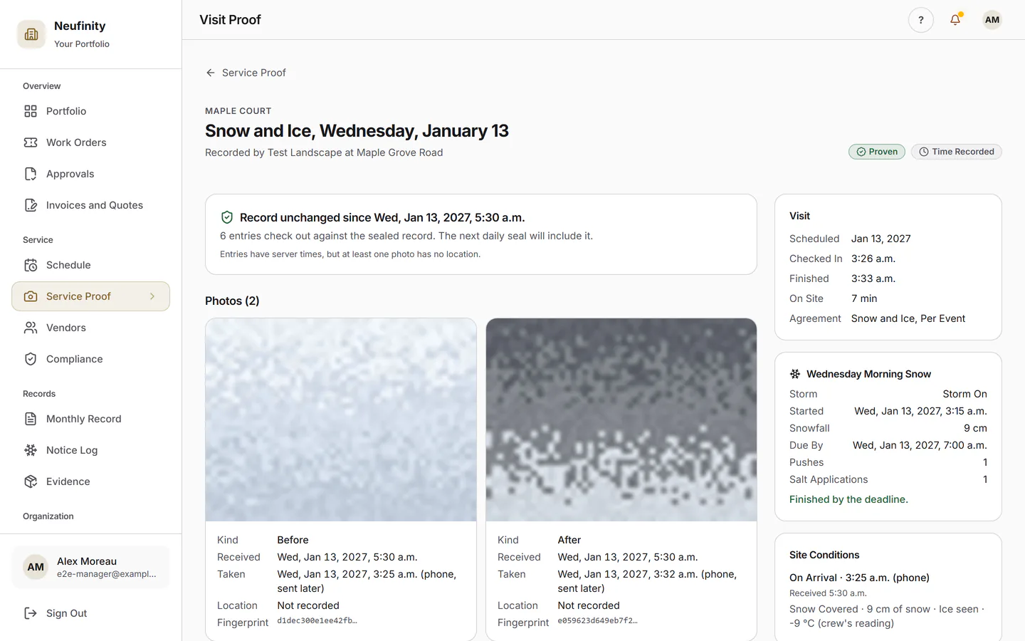A visit as the property manager sees it: arrival conditions, the push, salt, before and after photos and server times.
