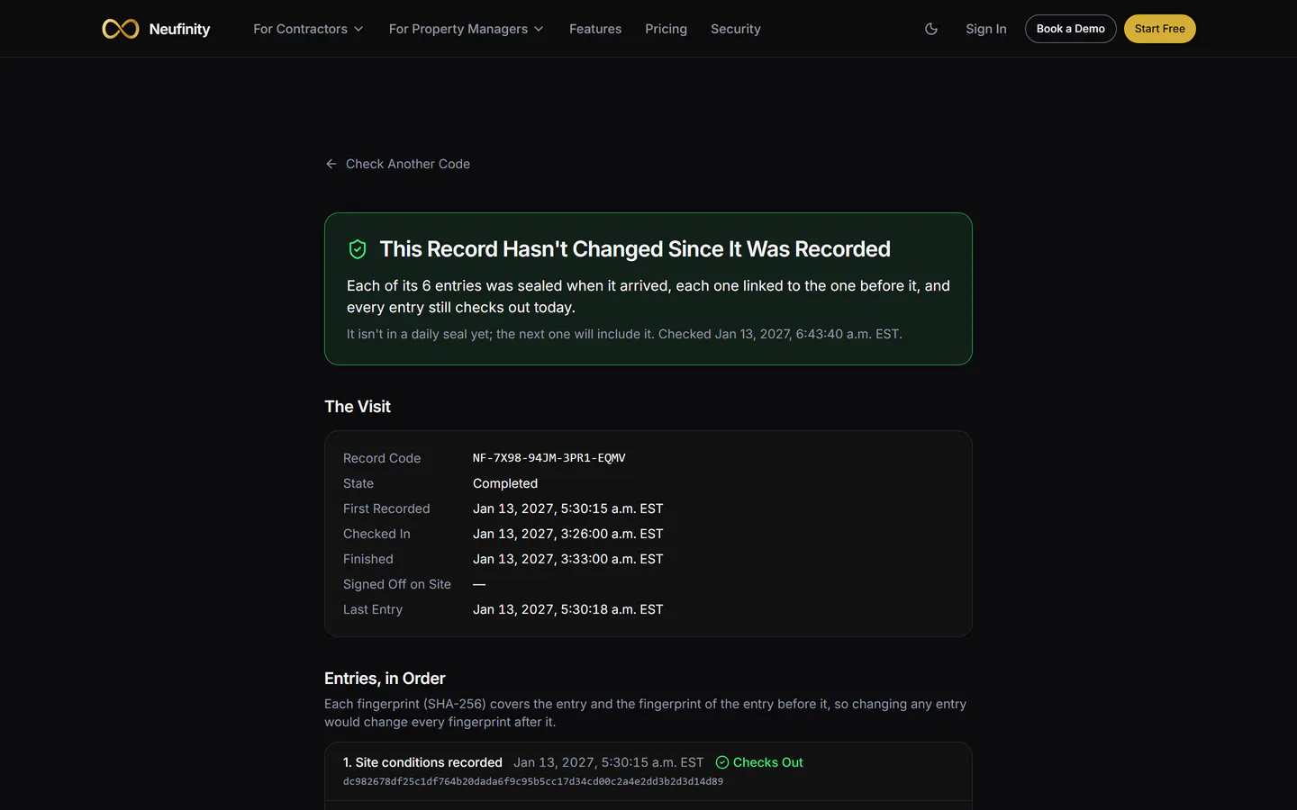 Check a Record: the code matches a sealed visit record, with its server times and photo fingerprints.