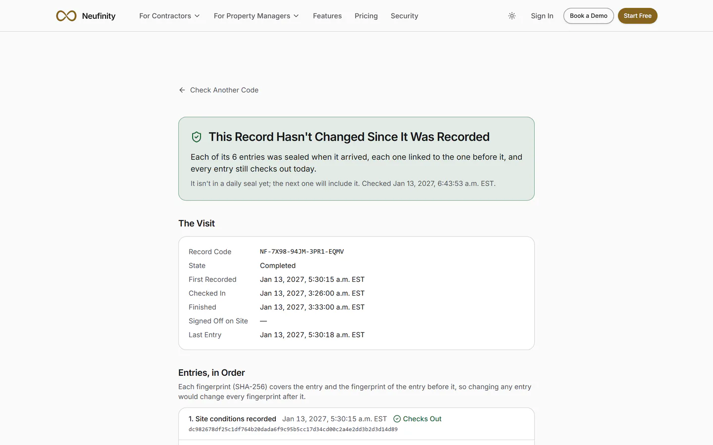 Check a Record: the code matches a sealed visit record, with its server times and photo fingerprints.
